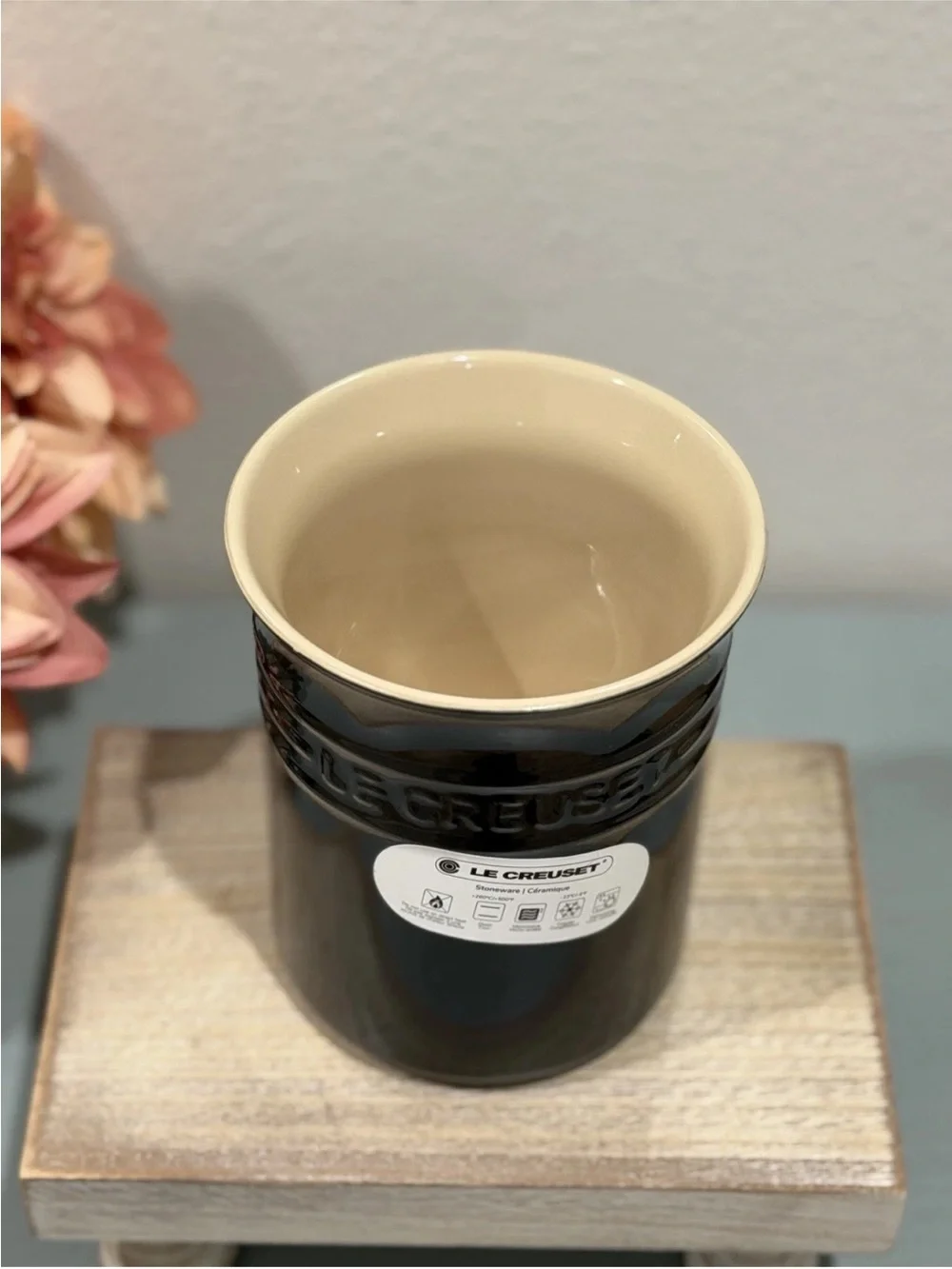 Le Creuset Shiny Black Onyx Utensil Crock Stoneware 1l Holder Vase 5.75h NWT